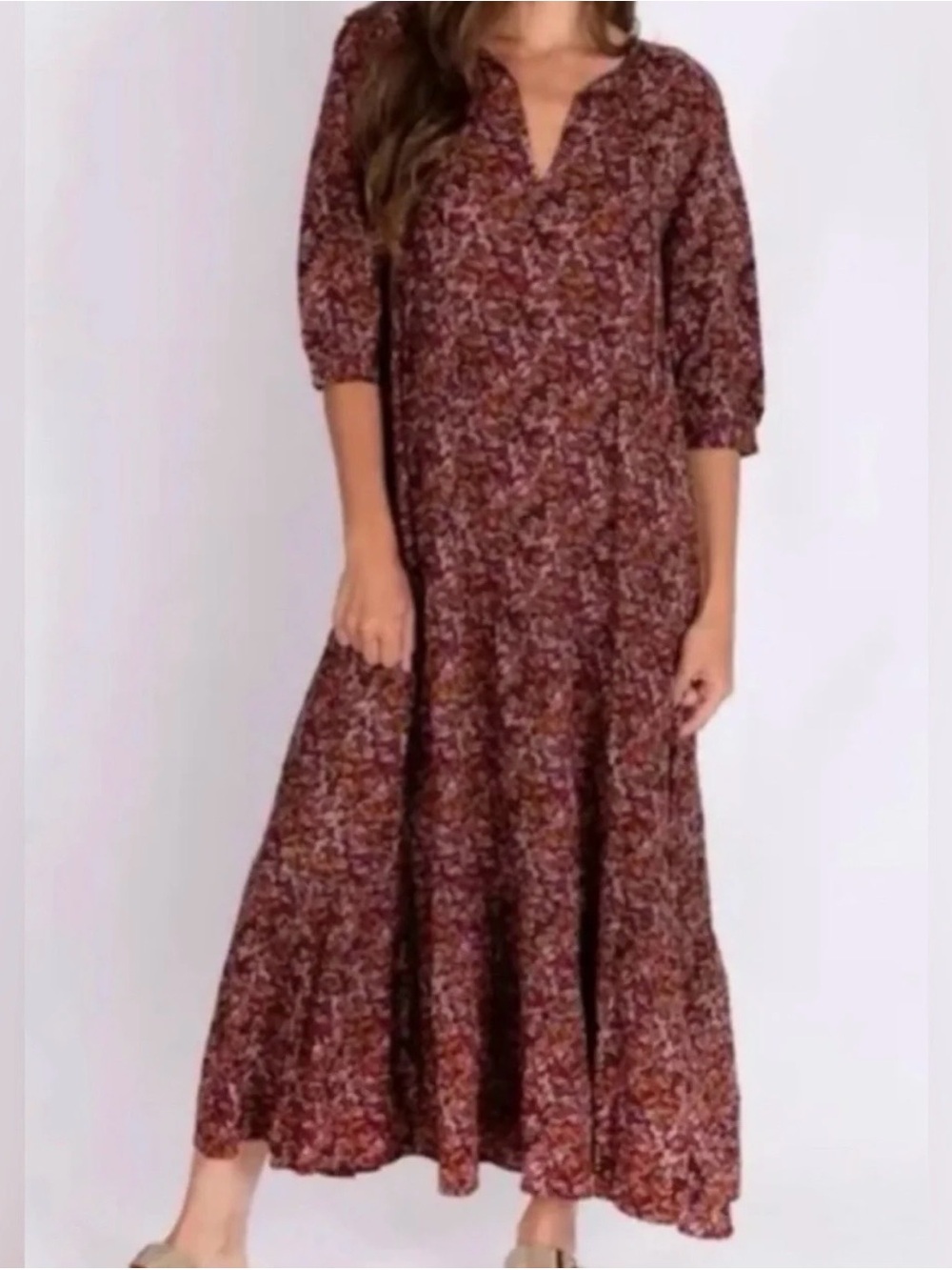 Natural Life Boho Floral Tiered Maxi Dress Ditsy Floral Print sz L/XL Peasant